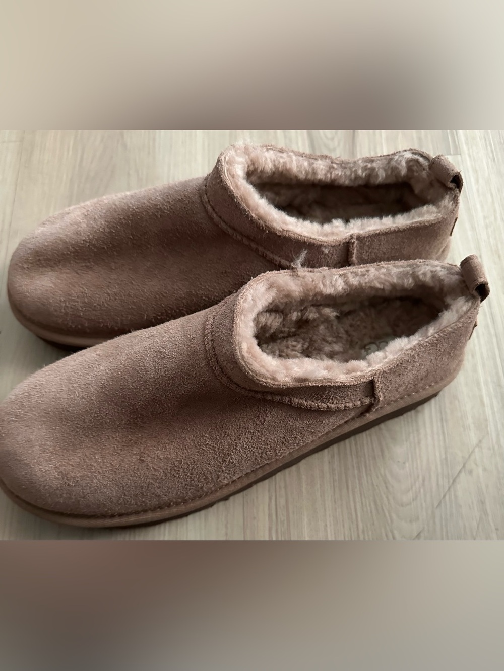 Ugg Plush Suede Slip-On Slippers in Mauve Taupe